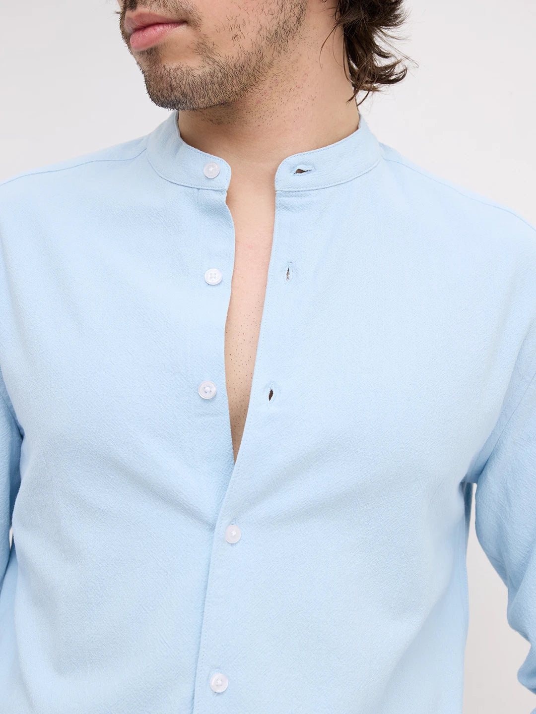 Refreshing Aqua Solid Blue Fine Mandarin Shirt