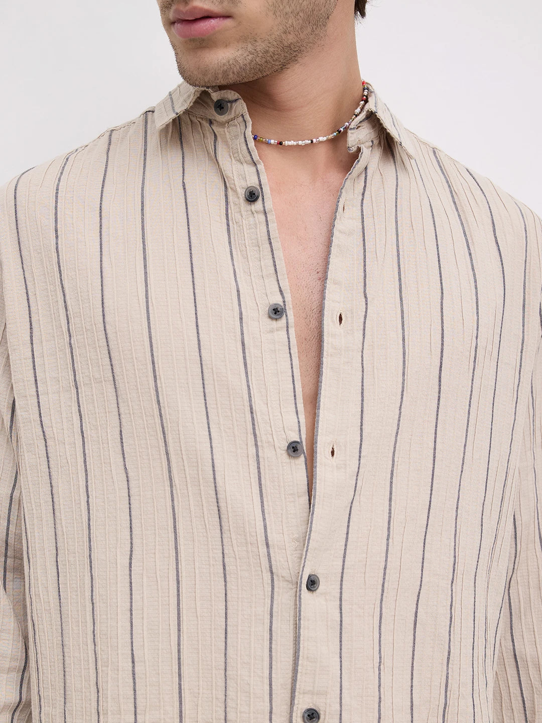 Intricate Beige & Navy Raised Striped Shirt