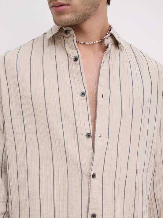 Intricate Beige & Navy Raised Striped Shirt
