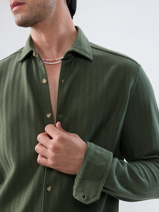 Olive Herringbone Textured Knitted Shirt