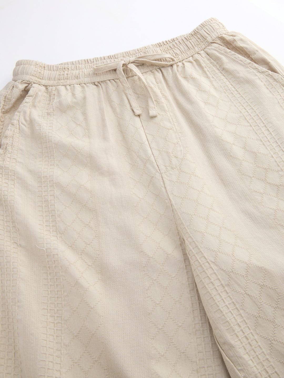 Sand Beige Waffle Textured Straight-Fit Trousers