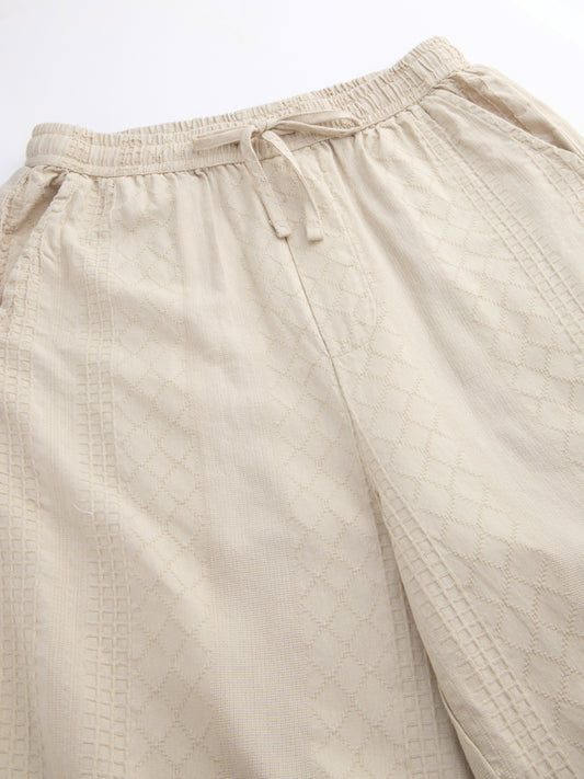 Sand Beige Waffle Textured Straight-Fit Trousers