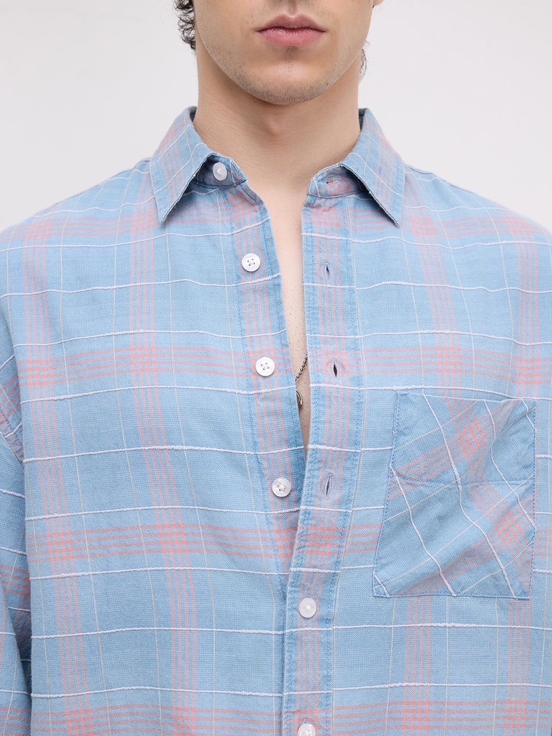 Denim Contrast Square Checks Cuffless Oversized Crop Shirt