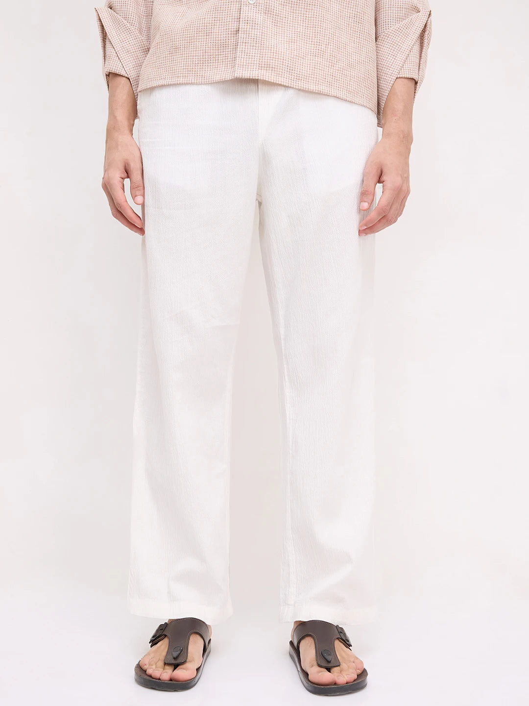White Breezy Textured Straight Fit Trousers