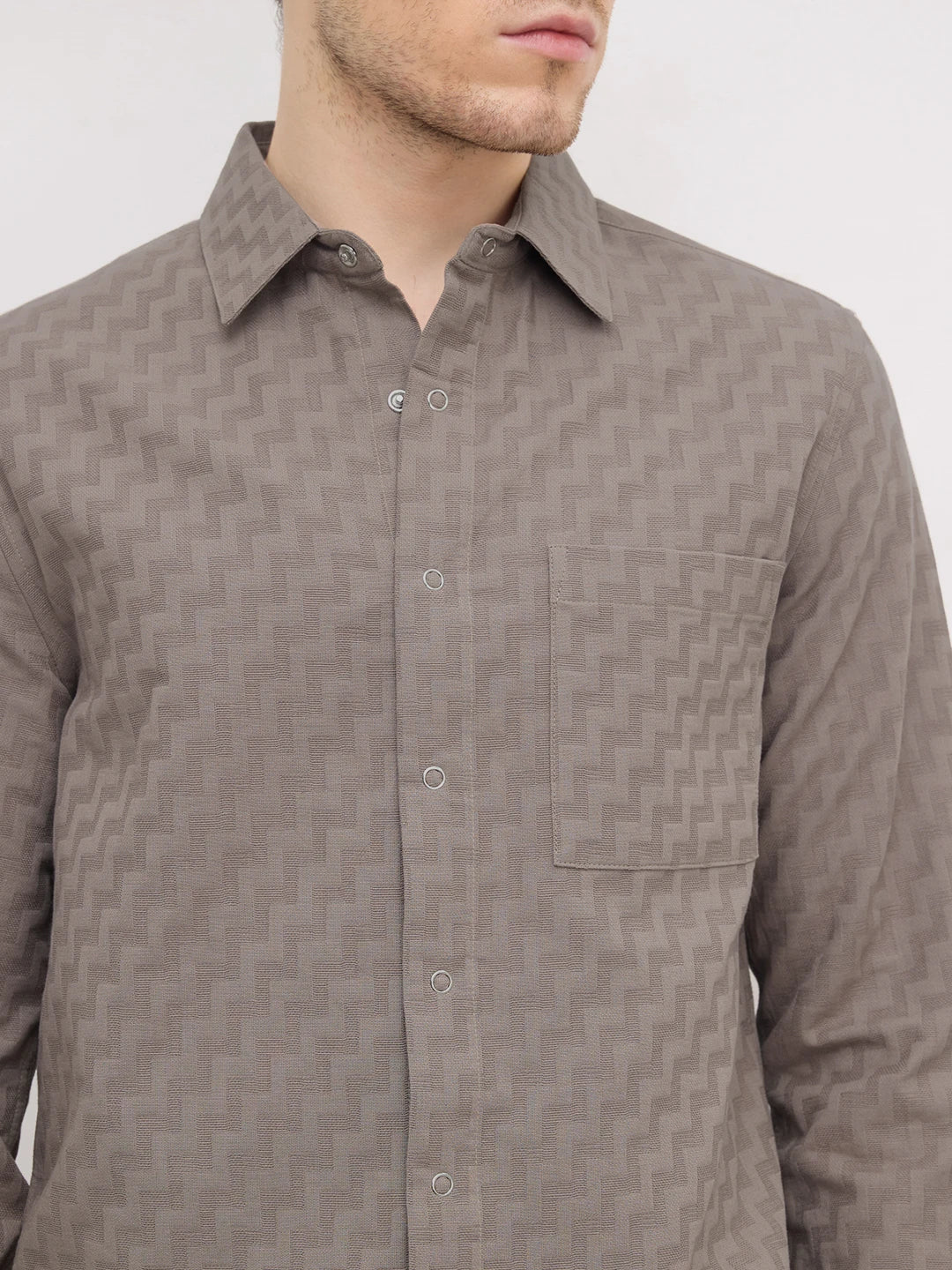 Distinctive Grey Maze Textured Straight Hem Crop Shirt