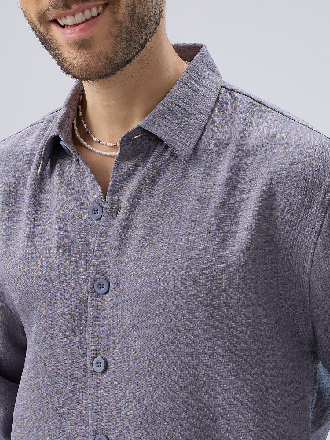 Pebble Grey Slub Textured Side-Slit Button Oversized Crop Shirt