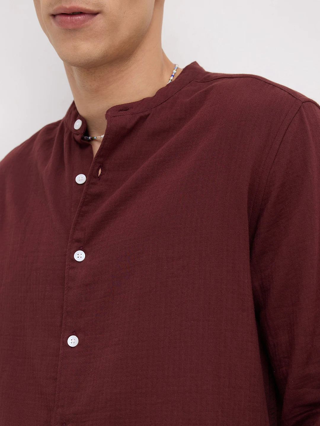 Deep Rust Herringbone Textured Mandarin Shirt