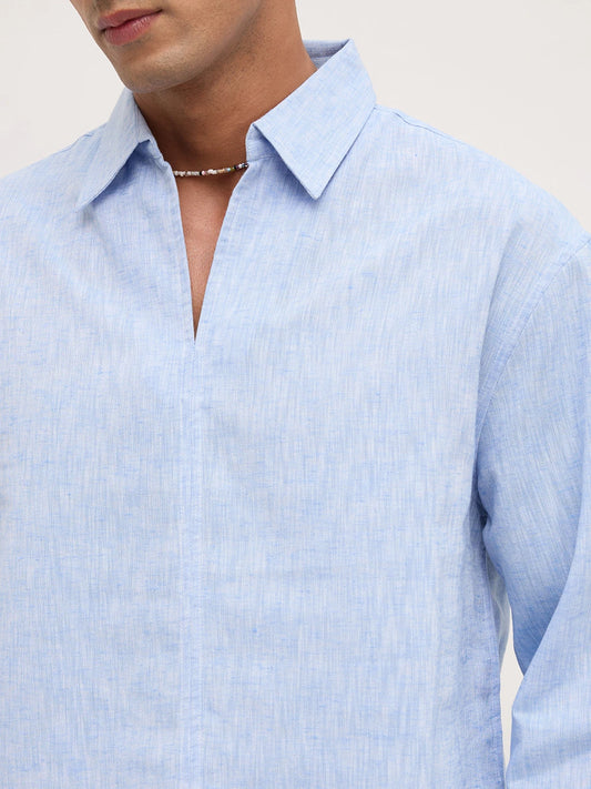 Soft Blue Textured Center Seam Oversized Polo Shirt