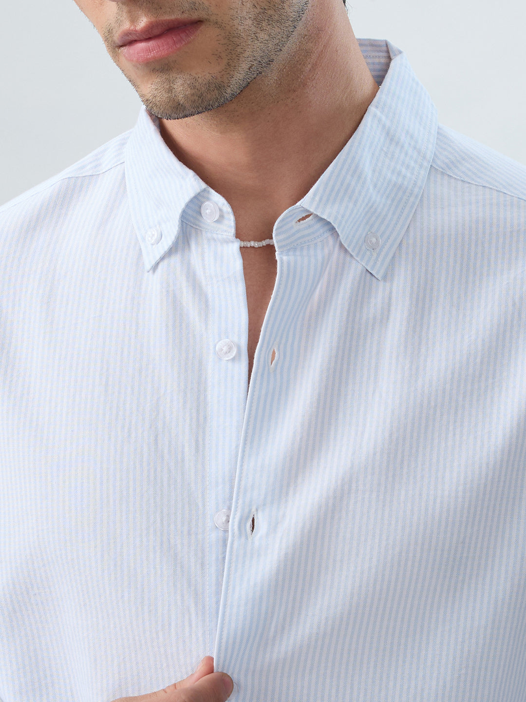 Ice Mist Blue Fine Striped Button-Down Collar Business Shirt
