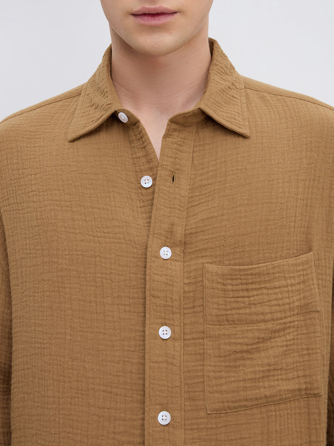 Timeless Tan Brown Double Cloth Boxy Fit Crop Shirt