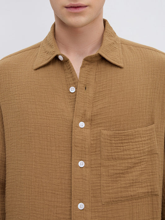 Timeless Tan Brown Double Cloth Boxy Fit Crop Shirt