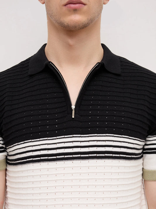 Seaside Contrast Panel Weave Flat Knit Polo T-Shirt