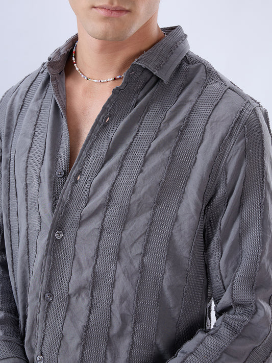 Grey Frayed Panelled Waffle Textured Shirt