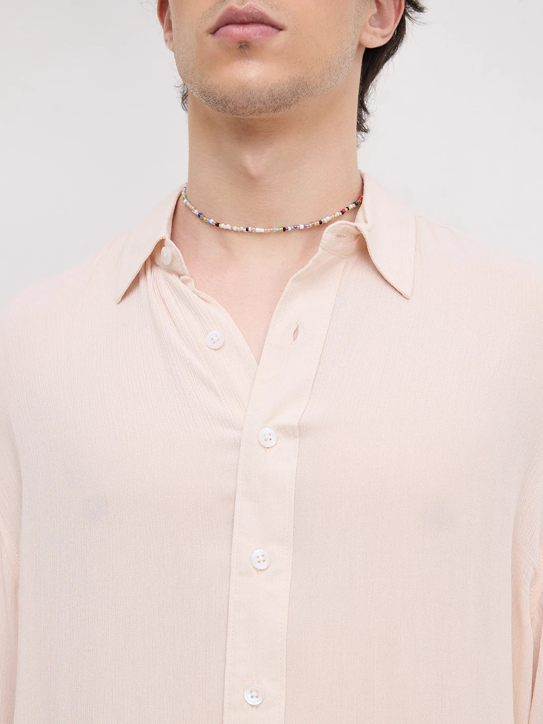 Soft Pastel Beige Crepe Textured Boxy Fit Shirt