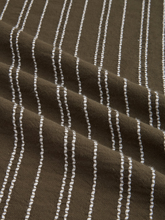 Olive & Ivory Striped Embroidered Mandarin Shirt