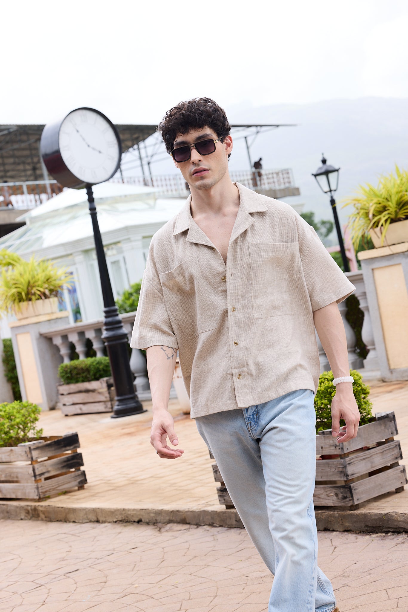 Sahara Beige Vacation Luxe Oversized Twin Pocket Crop Shirt