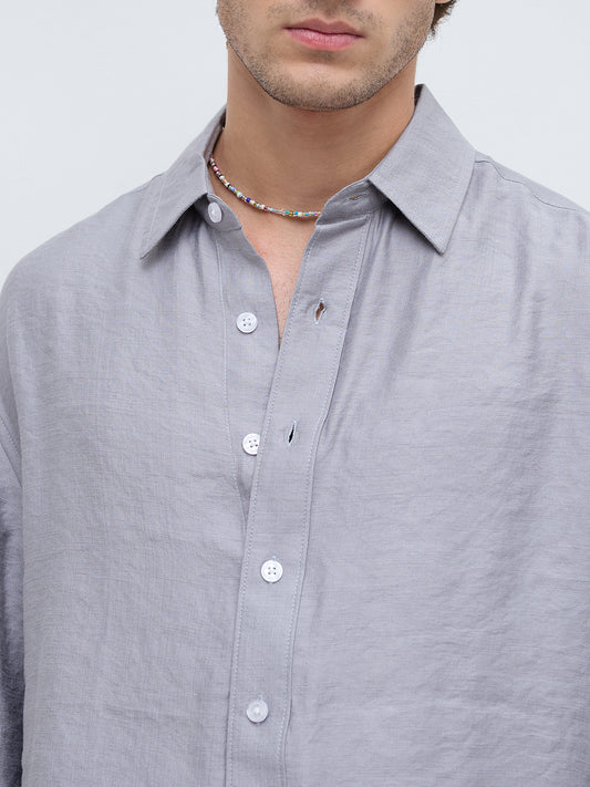 Ash Grey Crinkled Boxy Fit Crop Shirt