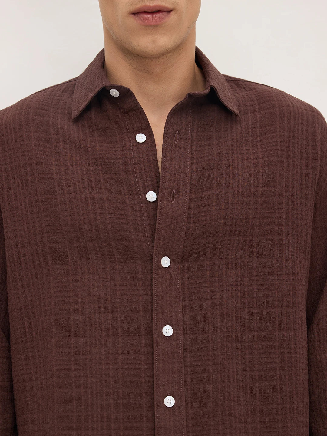 Brunette Brown Double Cloth Gauze Textured Boxy Fit Crop Shirt