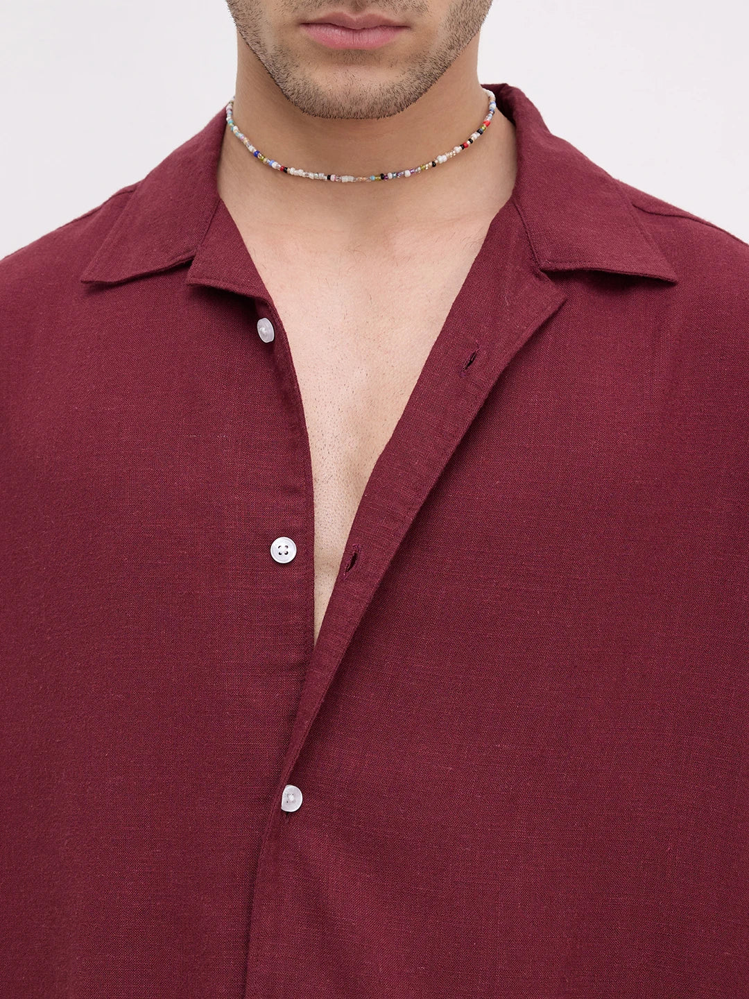 Maroon Fine Textured Linen Blend Notch Collar Oversized Shirt