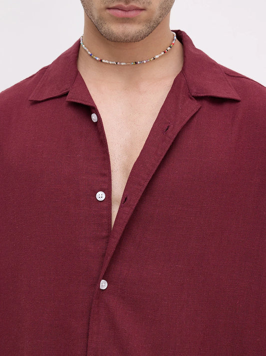 Maroon Fine Textured Linen Blend Notch Collar Oversized Shirt
