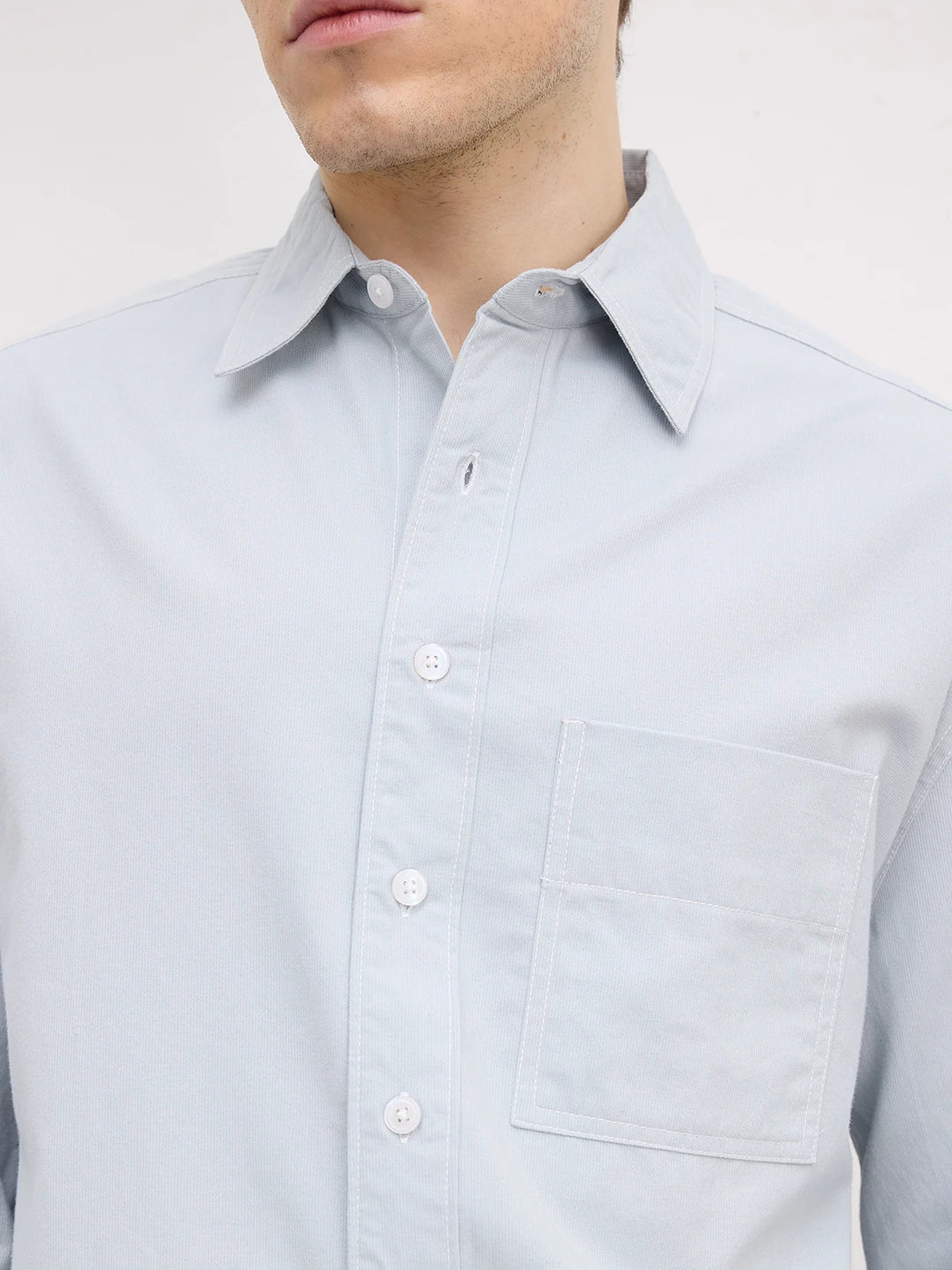 Luxe Baby Blue Boxy Fit Crop Cord Shirt