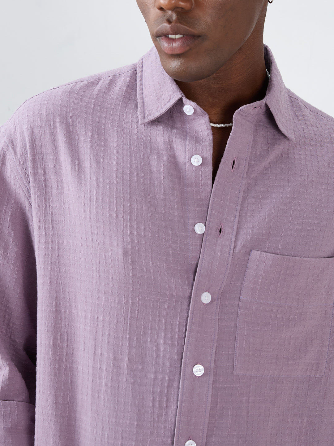 Soft Mauve Micro Grid Jacquard Weave Boxy Fit Crop Shirt