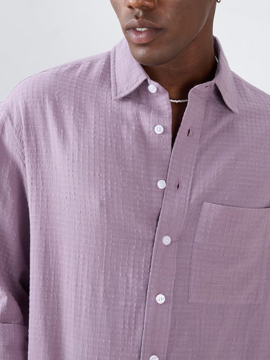 Soft Mauve Micro Grid Jacquard Weave Boxy Fit Crop Shirt