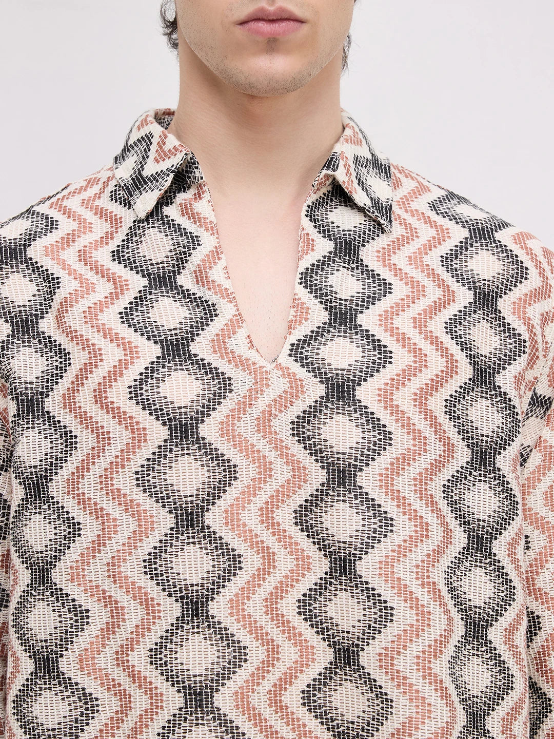 Retro Drift Chevron Striped Crochet Polo Oversized Shirt