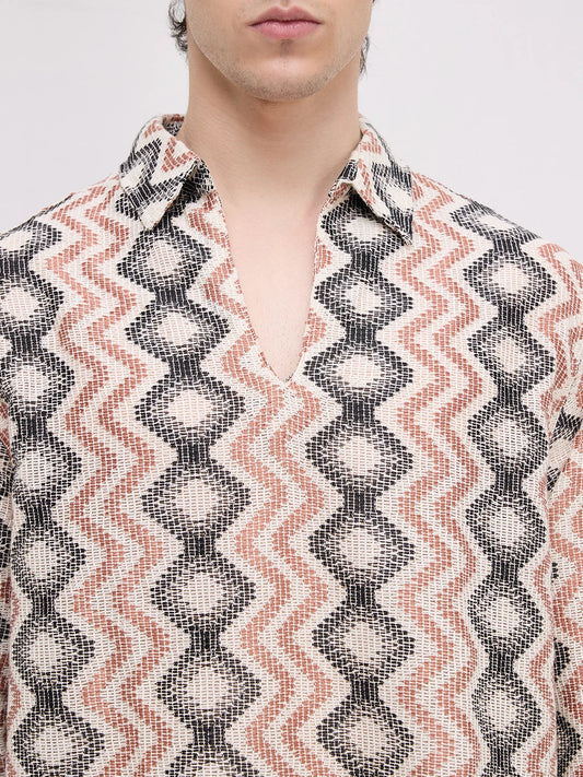 Retro Drift Chevron Striped Crochet Polo Oversized Shirt
