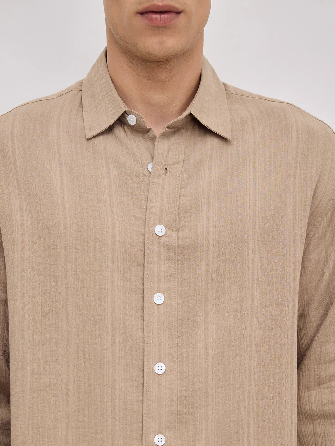 Warm Tan Double Cloth Seersucker Striped Boxy Fit Crop Shirt