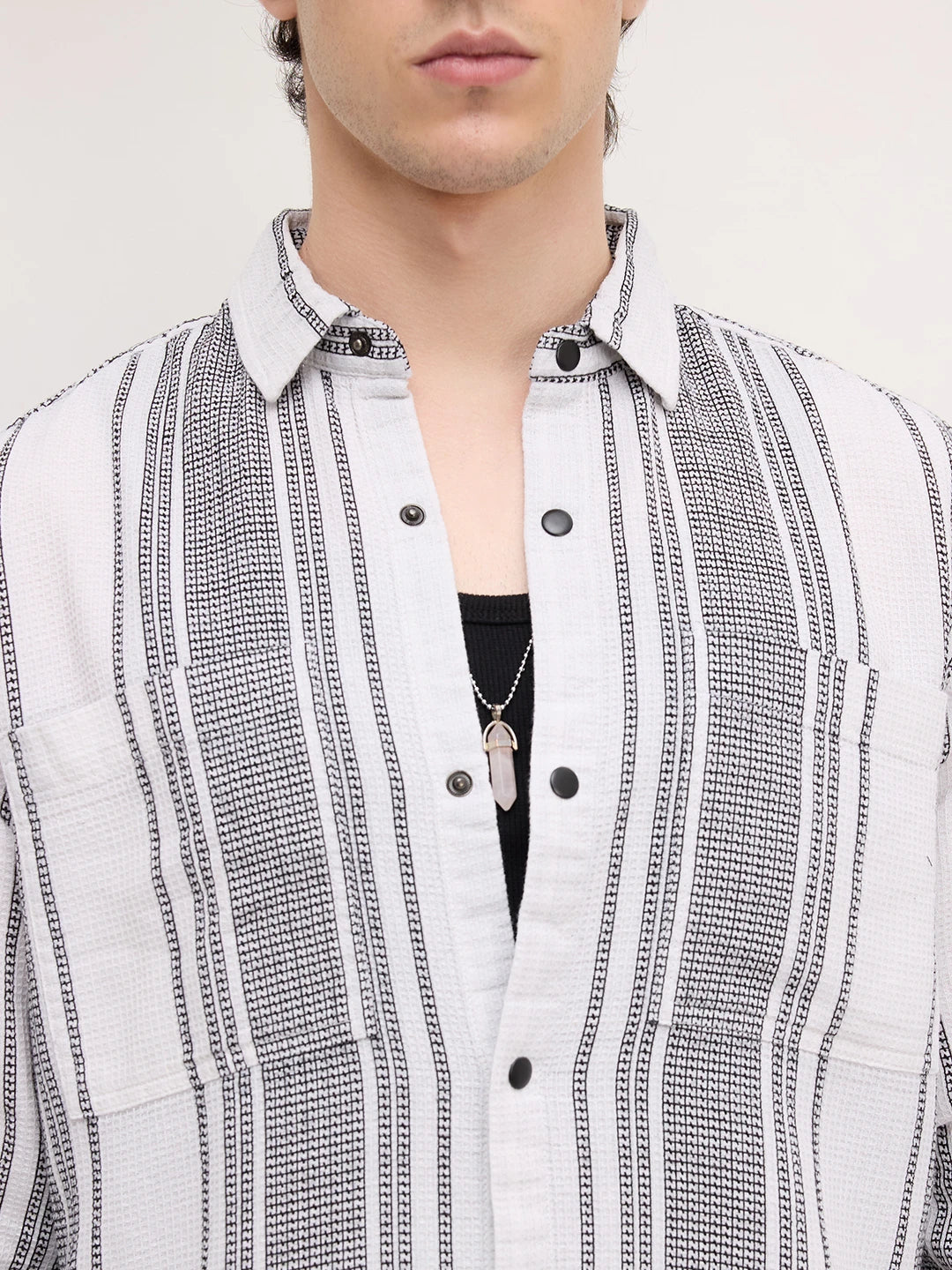 Refined White Double Pocket Waffle Striped Shirt