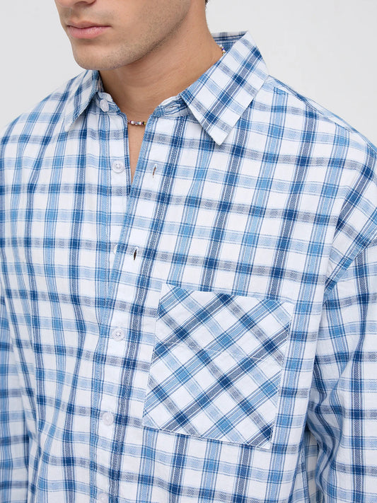 Denim Marine Ivory Interlock Framed Check Boxy Fit Crop Shirt