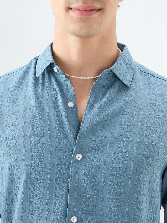 Ocean Teal Motif Raised Textured Crinkled Shirt