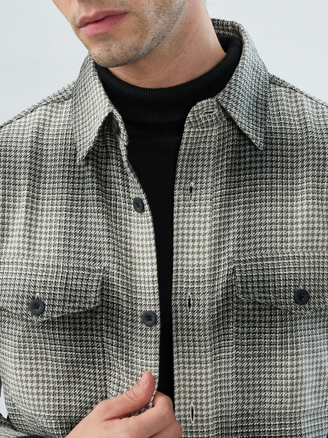 Olive & Black Houndstooth Checks Double Pocket Flannel Shirt