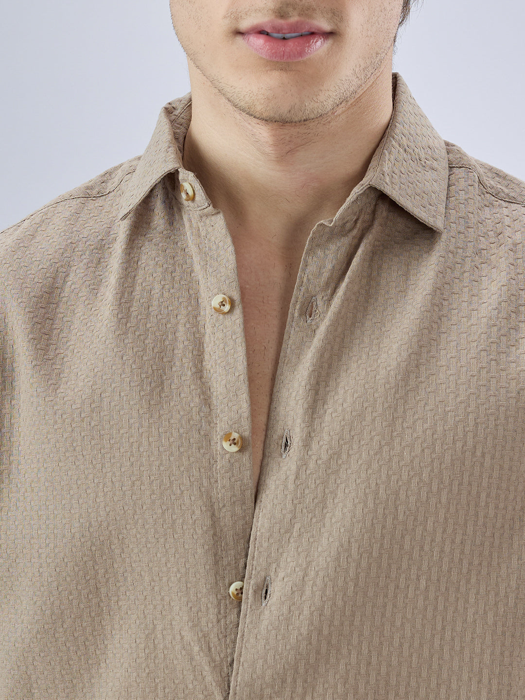 Warm Tan Beige Refined Textured Shirt