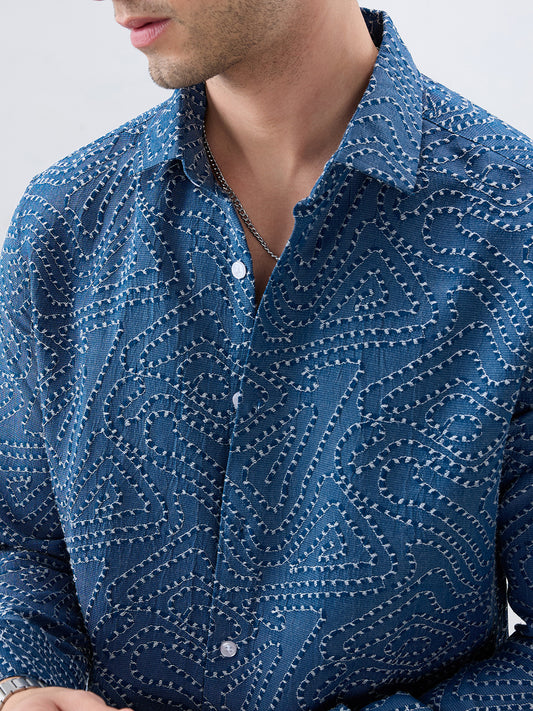 Ornate Navy Ornamental Raised Stitch Shirt