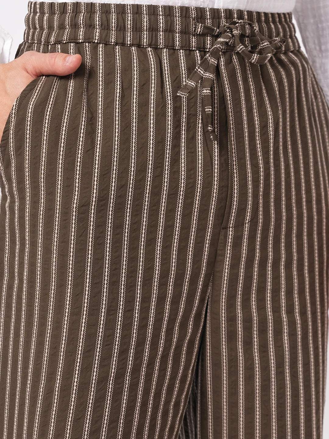 Olive Artisan Fine Embroidered Seersucker Striped Straight Fit Trousers