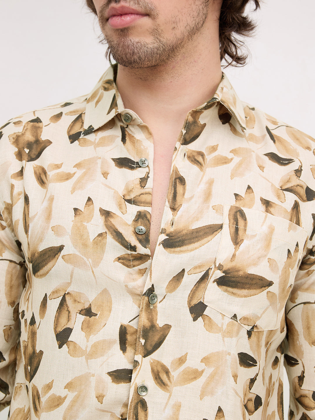 Camel Beige Artistic Floral Printed Shirt
