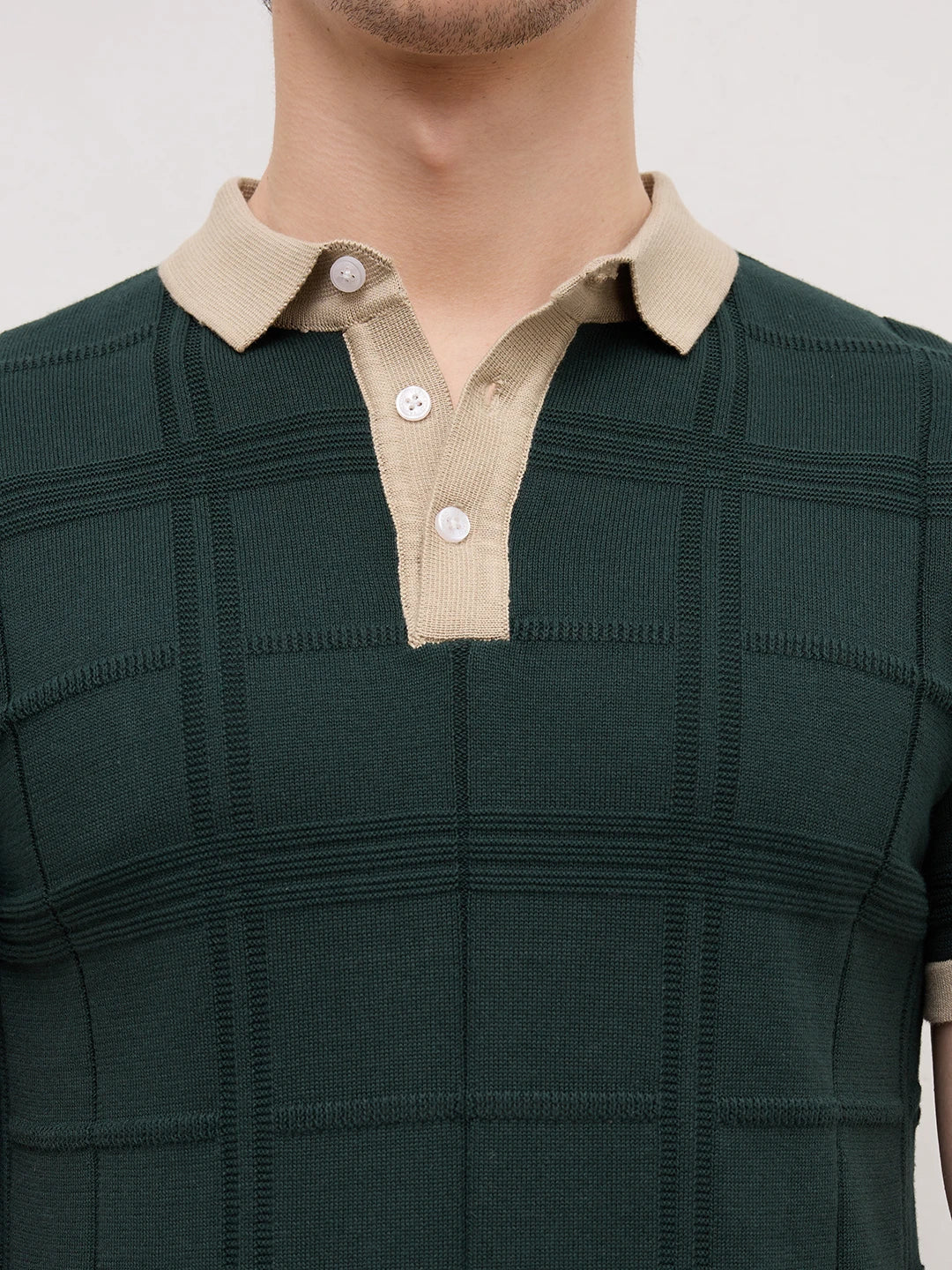Emerald Green Windowpane Textured Contrast Polo Flat Knit T-Shirt