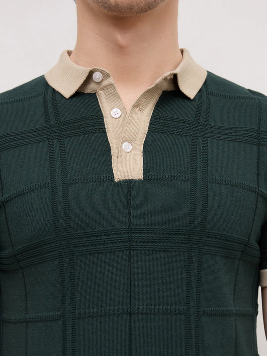 Emerald Green Windowpane Textured Contrast Polo Flat Knit T-Shirt