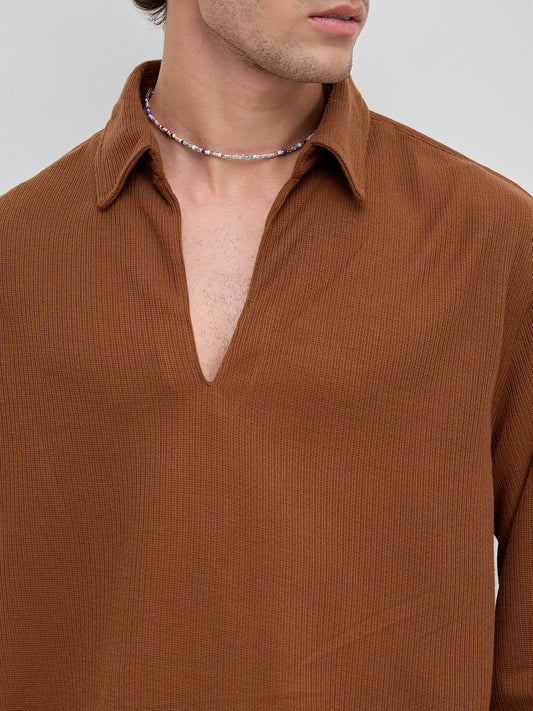 Brown Micro Weave Knitted Oversized Polo Shirt