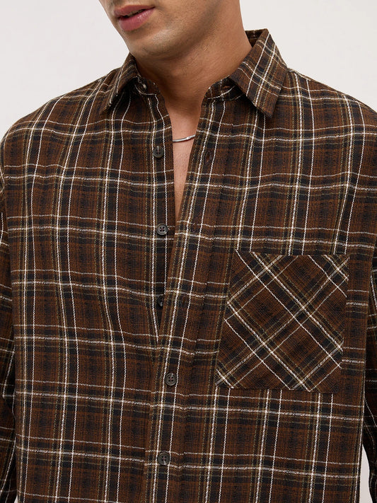 Rustic Brown Grid Framework Boxy Fit Crop Shirt
