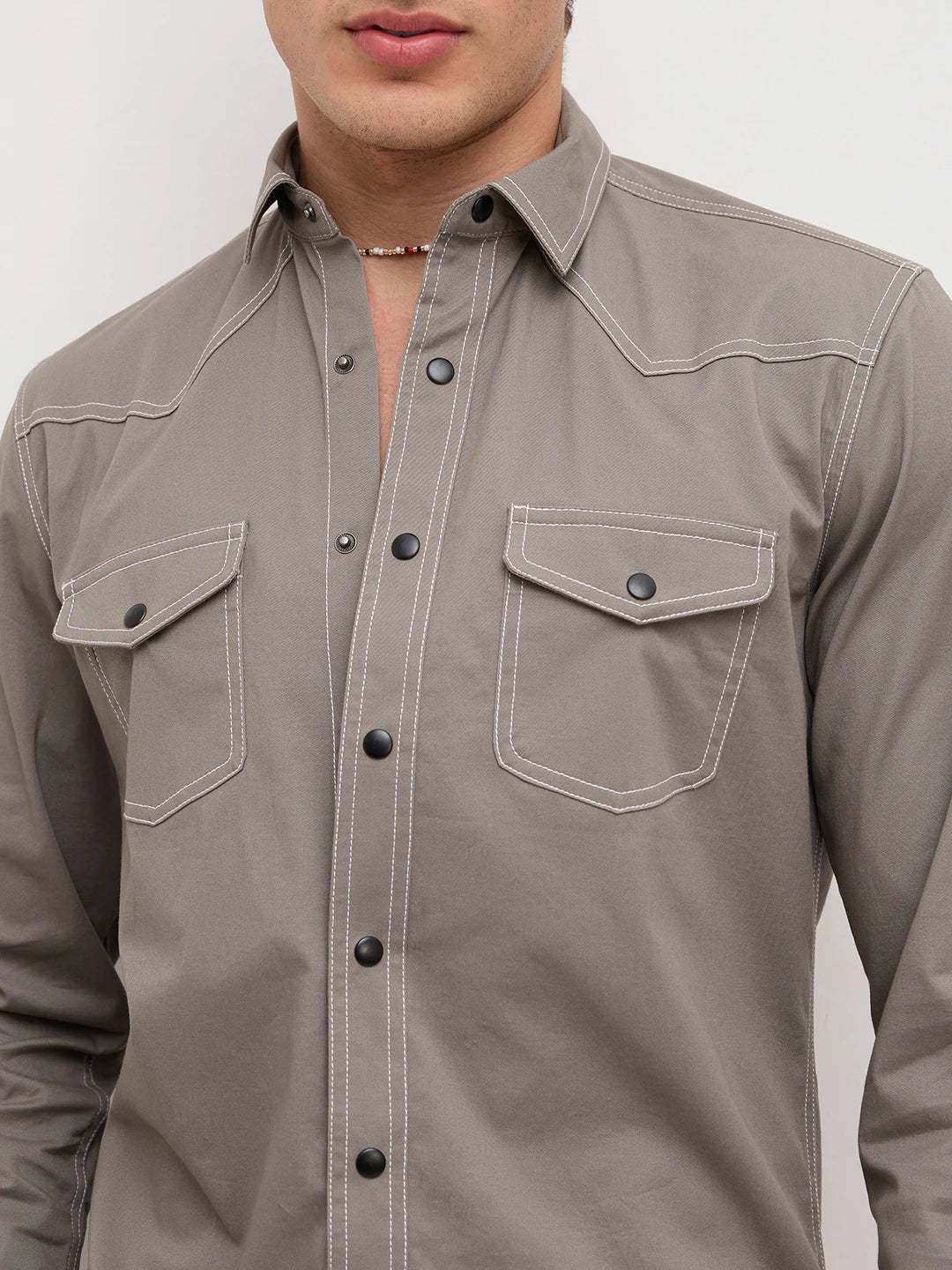 Grey Contrast Stitch Twin Pocket Shirt