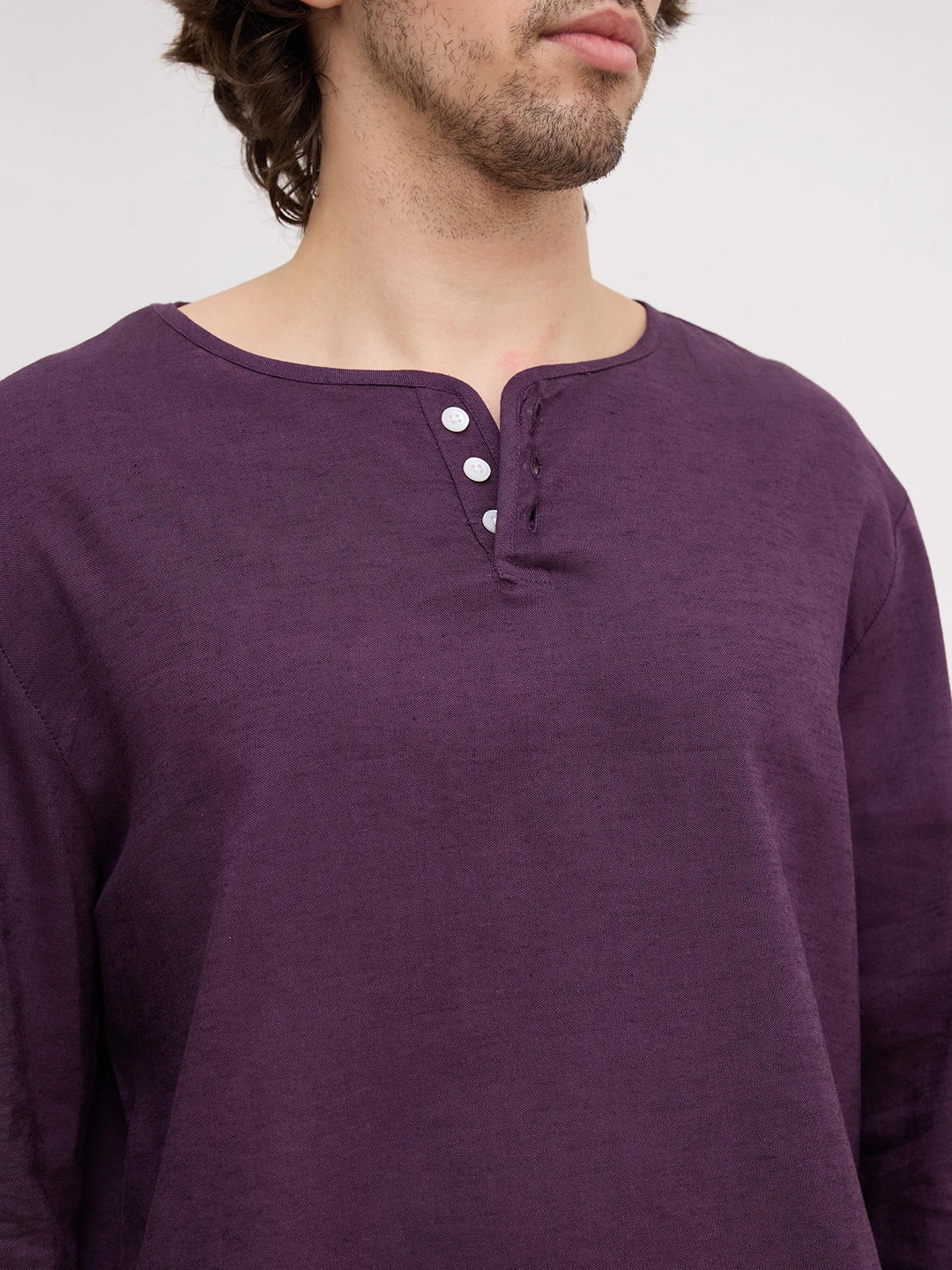 Luxe Plum Linen Blend Henley Neck Oversized Shirt