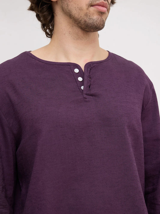 Luxe Plum Linen Blend Henley Neck Oversized Shirt
