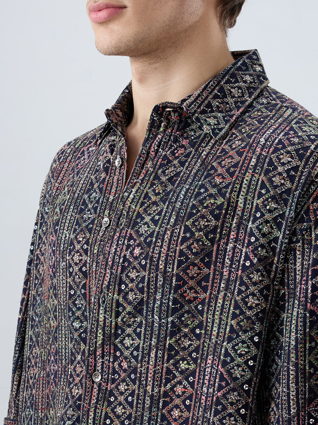 Noor Drop Black Sequin Lozenge Embroidered Boxy Fit Crop Shirt