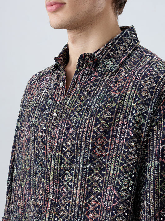 Noor Drop Black Sequin Lozenge Embroidered Boxy Fit Crop Shirt