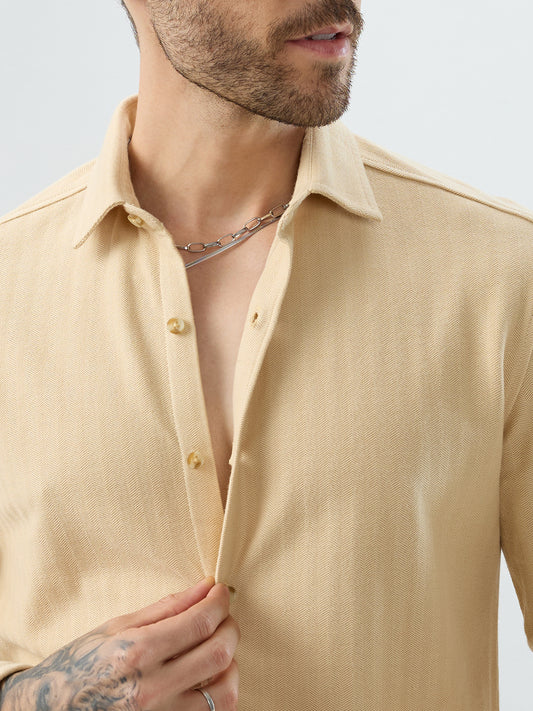 Soft Beige Herringbone Knit Shirt