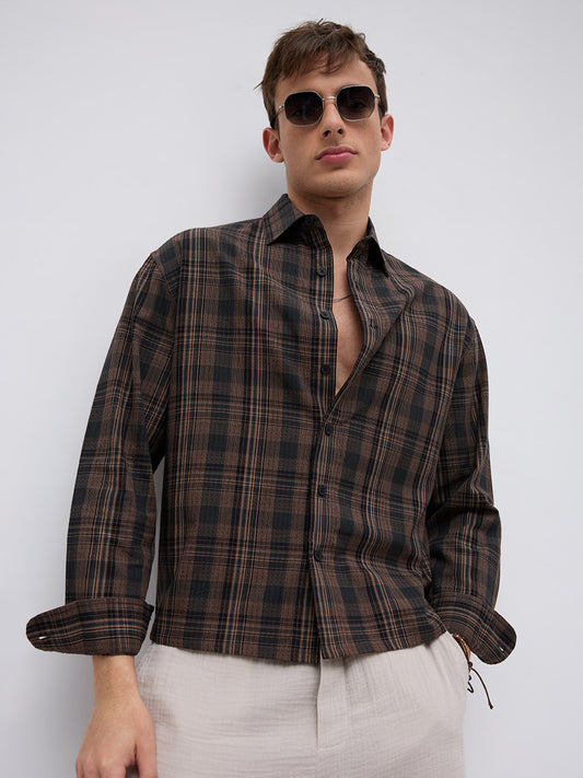 Vintage Roast Brown Fine Checks Boxy Fit Crop Shirt