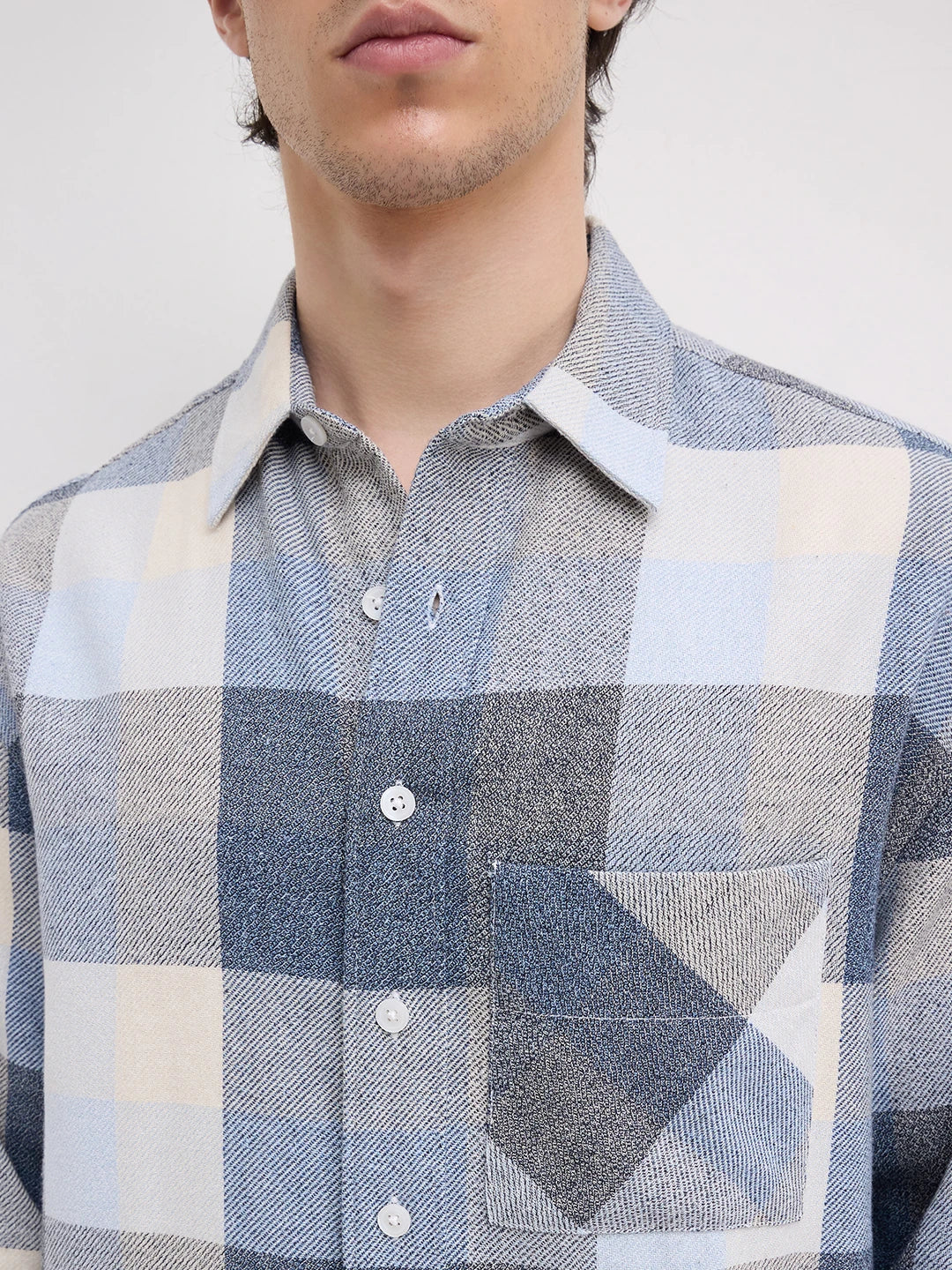 Navy & Blue Broad Checks Boxy Fit Flannel Crop Shirt